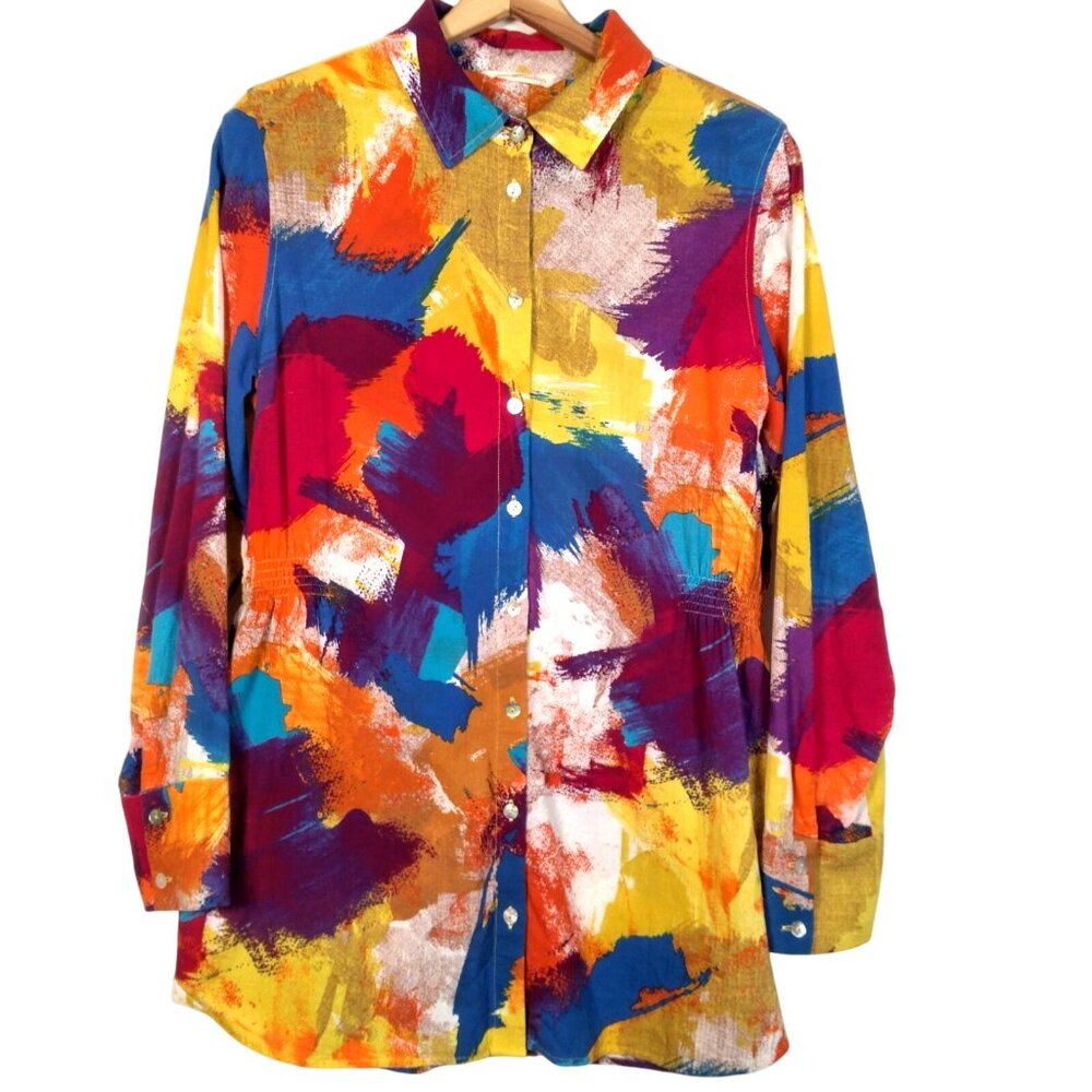 Soft Surroundings Blouse Shirt Women Medium Colorful Splash Long Sleeve Button